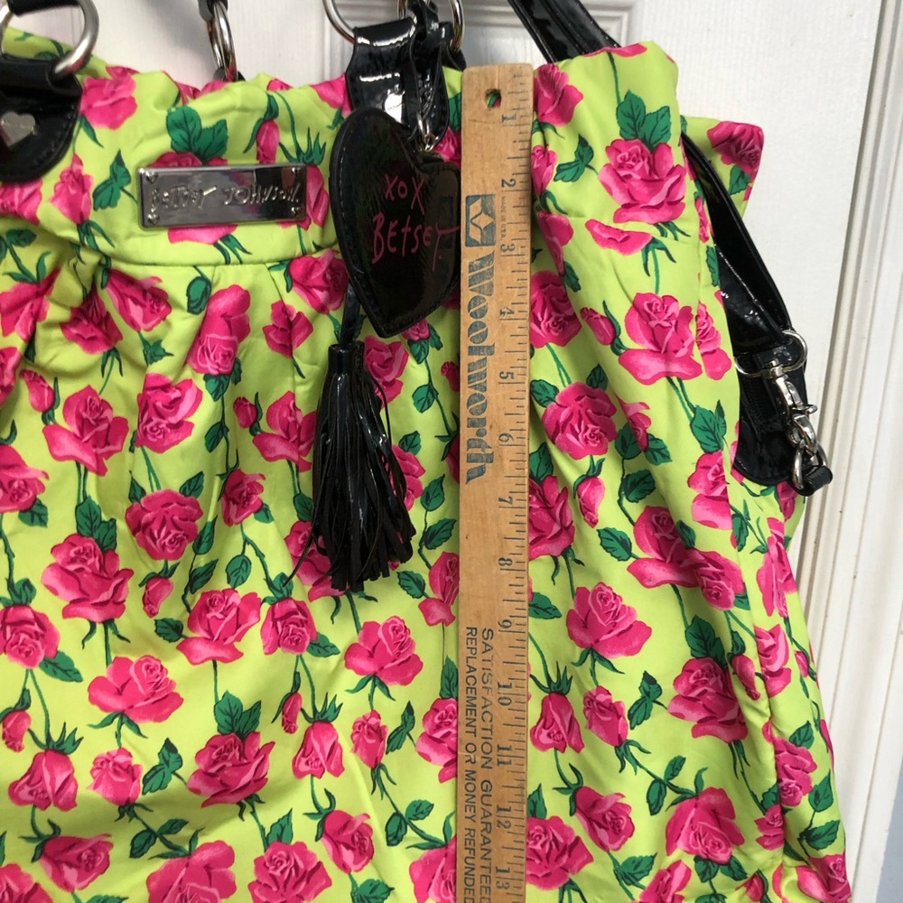 Betsey Johnson Floral Tote Bag Large Black Trim Pink Roses Neon - Picture 9 of 16